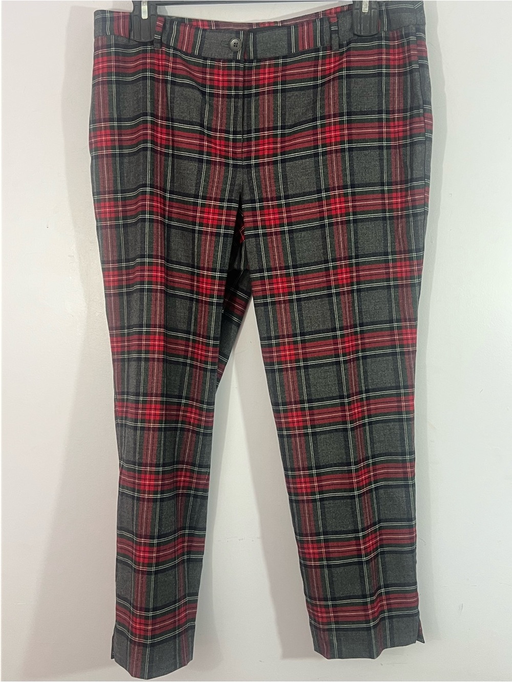 Talbots Petites 16P Plaid Ankle Pants Red Black Gray Tartan Side Slit
